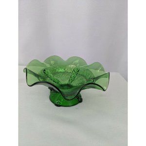 Vintage Green Glass Pinch Crimp Edge Compote Dish Candy Bowl Decor